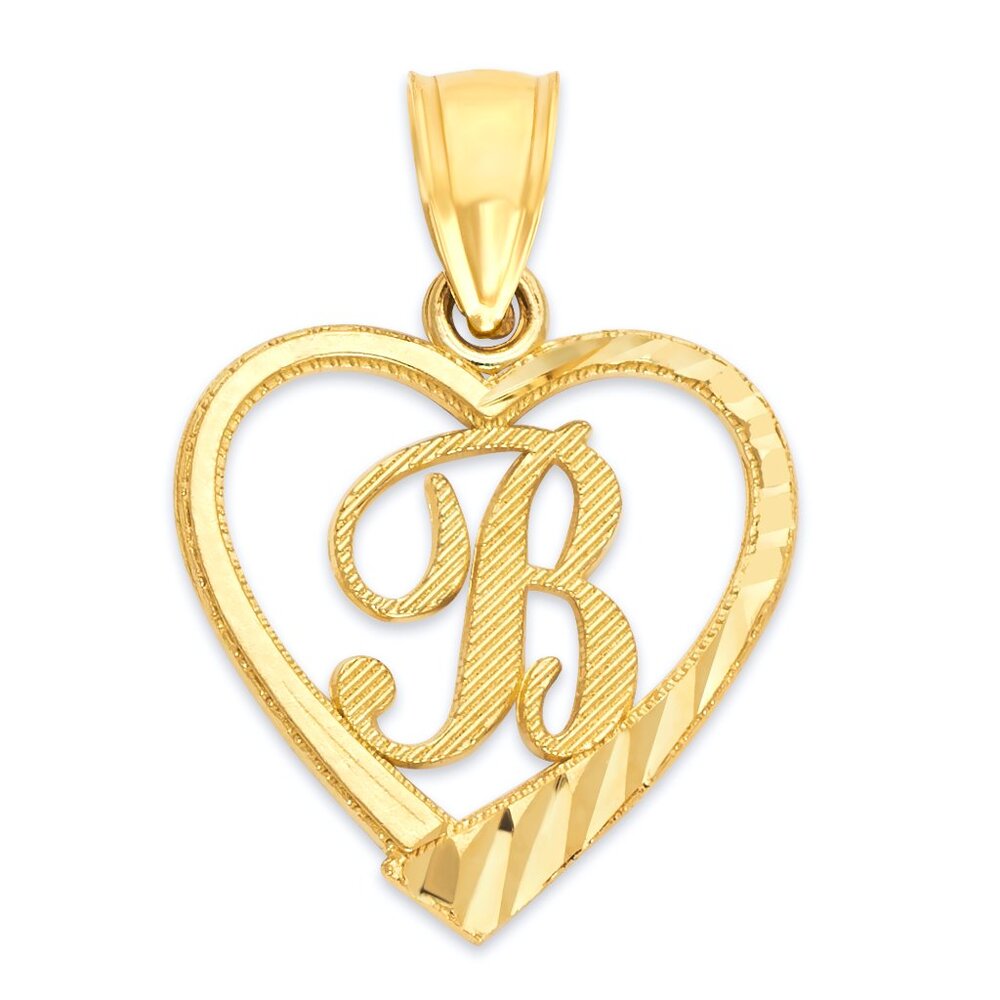 10K Gold Heart Initial "B" Pendant - Diamond Cut Letter Charm for Necklace